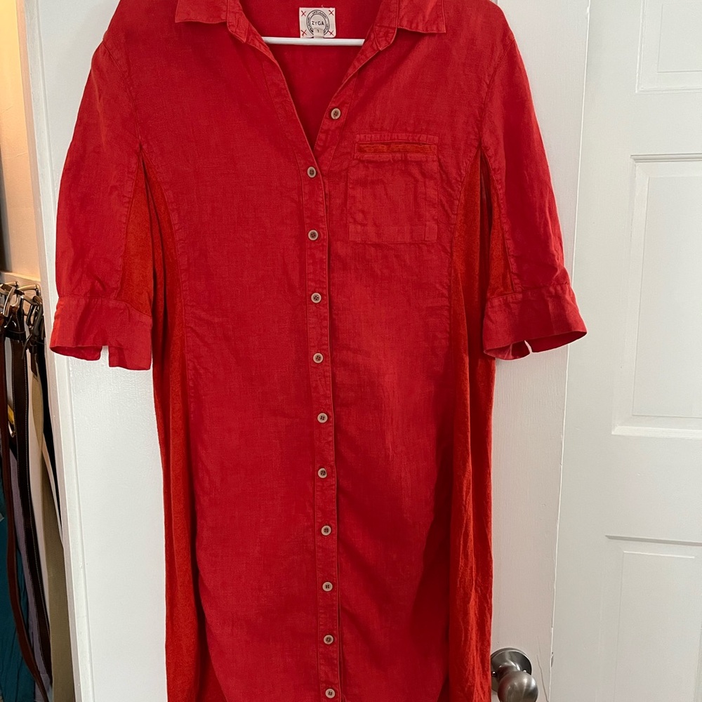 Coral Red Linen Shirt Dress